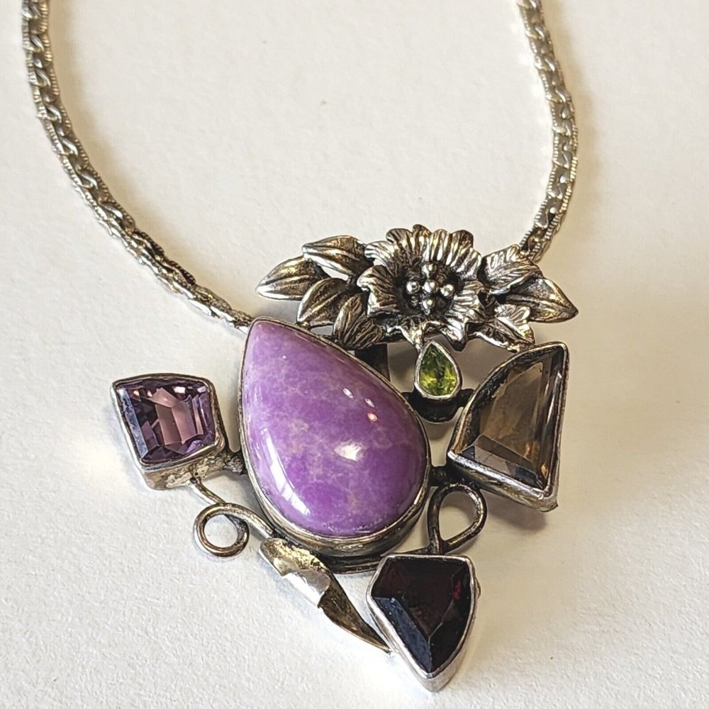 Vintage Sterling 925 Pendant Semi-precious Stones Floral Silver Work With 24... - Picture 1 of 16